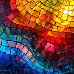 Ein Mosaik aus Glassteinen in Regenbogenfarben, das wie ein göttliches Lichtspiel wirkt.