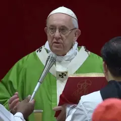 Papst Franziskus in grüner Messrobe hält eine Anrede. Vor ihm ein rotes Buch mit einem Bild.