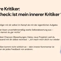 Der innere Kritiker: Selbst-Check. Ein rosa Wesen umklammert sich, umgeben von dunklen, grinsenden Gesichtern. Es geht darum, sich selber zu verzeihen.