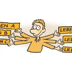 Ein Mann mit vielen Armen versucht, sechs verschiedene Leben (A-F) gleichzeitig zu umarmen. Er will mehr vom Leben, aber wie soll er sich entscheiden?