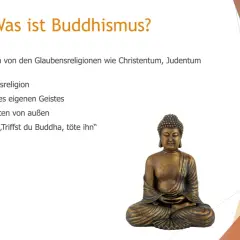 Eine Buddha-Statue und Stichpunkte, die erklären, wie leben Buddhisten: Erfahrungsreligion, Geistentwicklung, wenige äußere Vorschriften.