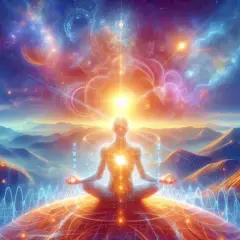 Eine Person meditiert im Lotussitz auf einem Berg, umgeben von kosmischen Lichtern und Wellen. Das "Ohm" erklingt in der Stille.
