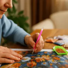 Frau malt mit Diamanten, um Stress abzubauen. Bunte Steinchen und ein Werkzeug liegen bereit.