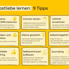 9 Tipps für Selbstliebe lernen: Affirmationen, Grenzen setzen, Gefühle annehmen, Vergeben, Alleine glücklich sein, Selbstmitgefühl, Coaching, Selbstvertrauen, Journaling.