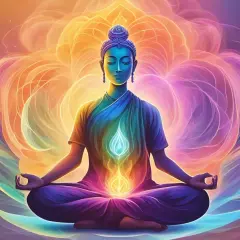 Meditierende Figur im Lotussitz, umgeben von leuchtenden Farben. Ein Flammen-Symbol über dem Bauch deutet an, was ist Kundalini Yoga: Energieerweckung.