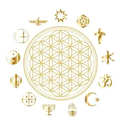 Goldene Blume des Lebens umgeben von religiösen Symbolen. Aus christlicher Sicht symbolisiert sie die göttliche Schöpfung und Einheit.