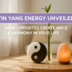 Yin Yang Symbol, Bambus und Salzlampe auf einem Tisch. Die yin yang energy steht für Harmonie.