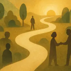 Silhouetten von Menschen auf einem gewundenen Weg im warmen Licht des Sonnenuntergangs. Ein Symbol für das **buddhismus leben** und die Reise des Geistes.