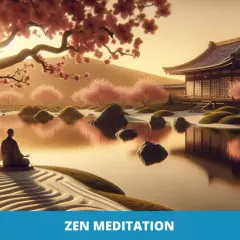 Eine Person praktiziert Zazen Meditation an einem ruhigen Teich mit Kirschblütenbäumen und einem traditionellen japanischen Gebäude.
