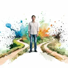 Ein Mann steht an einer Weggabelung, umgeben von farbenfrohen Aquarellspritzern. Er fragt sich: "Wer bin ich wirklich spirituell?