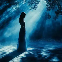 Eine Frau im langen Kleid steht im Mondlicht, umgeben von Nebel. Ihre Silhouette spiegelt die tiefe **Angst abgelehnt zu werden** wider, während Lichtstrahlen durch die Bäume fallen.