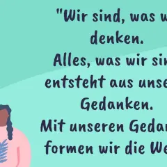 Illustration mit inspirierenden Zitaten über Selbstbewusstsein. Eine Person mit geflochtenen Haaren trägt einen Pullover mit Blattmuster.