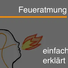 Profil einer Person, die Feuer speit. Ein Herz ist im Kopf angedeutet. "Feueratmung einfach erklärt" steht im Bild.