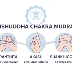 Vishuddha Chakra Mudras: Granthita (Cleot Expression), Akash (Emotional Balance), Shankhiconch (Soothes Throat). Hilft, die Chakren zu aktivieren.