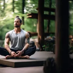 Mann in Lotusposition im Wald, tiefe Meditation und Konzentration.