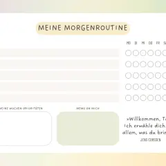 Planer für die morgendliche Routine mit Platz für tägliche Aufgaben, Wochenprioritäten und einem inspirierenden Zitat.