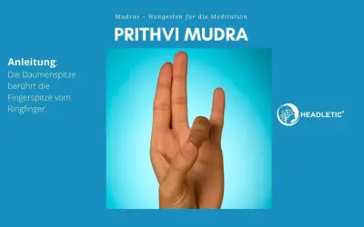 Prithvi Mudra: Daumen und Ringfinger berühren sich. Die Bedeutung dieser Mudras für die Meditation ist Erdung und Stabilität.