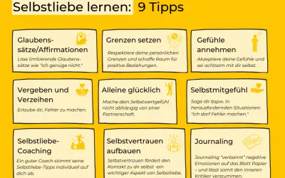 9 Tipps für Selbstliebe lernen: Affirmationen, Grenzen setzen, Gefühle annehmen, Vergeben, Alleine glücklich sein, Selbstmitgefühl, Coaching, Selbstvertrauen, Journaling.