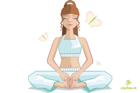 Frau in der Yoga-Schmetterling-Pose, umgeben von zarten Schmetterlingen, die Ruhe und Leichtigkeit ausstrahlen.