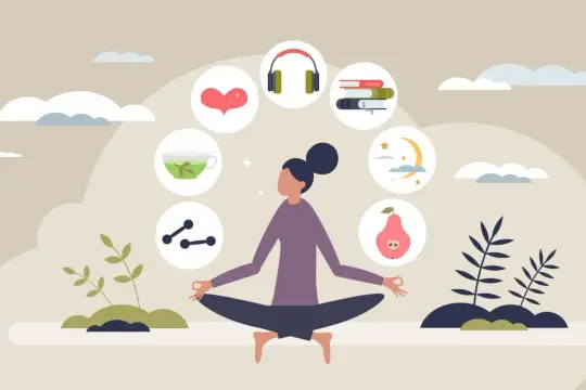 Frau in Meditation, umgeben von Symbolen für Gesundheit: Herz, Tee, Hanteln, Kopfhörer, Bücher, Nacht, Birne.