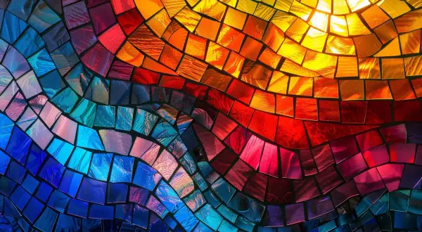 Ein Mosaik aus Glassteinen in Regenbogenfarben, das wie ein göttliches Lichtspiel wirkt.