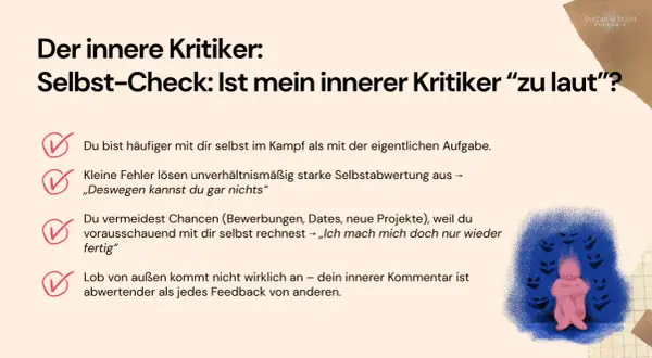 Der innere Kritiker: Selbst-Check. Ein rosa Wesen umklammert sich, umgeben von dunklen, grinsenden Gesichtern. Es geht darum, sich selber zu verzeihen.