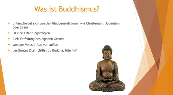 Eine Buddha-Statue und Stichpunkte, die erklären, wie leben Buddhisten: Erfahrungsreligion, Geistentwicklung, wenige äußere Vorschriften.