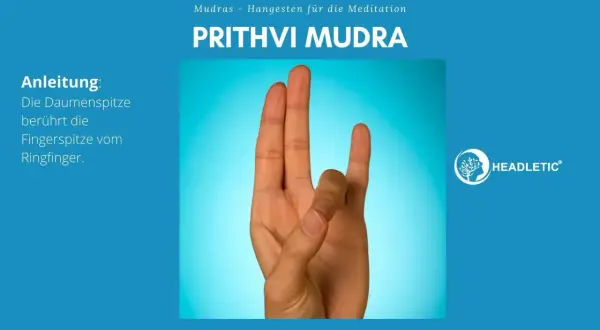 Prithvi Mudra: Daumen und Ringfinger berühren sich. Die Bedeutung dieser Mudras für die Meditation ist Erdung und Stabilität.