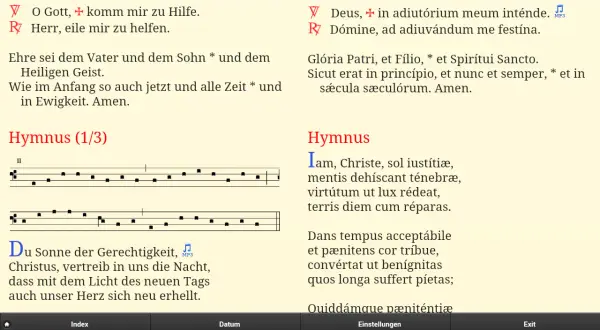 Zwei Seiten mit religiösen Texten und Noten, eine Seite mit lateinischem Text.