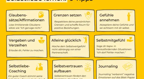 9 Tipps für Selbstliebe lernen: Affirmationen, Grenzen setzen, Gefühle annehmen, Vergeben, Alleine glücklich sein, Selbstmitgefühl, Coaching, Selbstvertrauen, Journaling.
