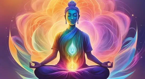 Meditierende Figur im Lotussitz, umgeben von leuchtenden Farben. Ein Flammen-Symbol über dem Bauch deutet an, was ist Kundalini Yoga: Energieerweckung.