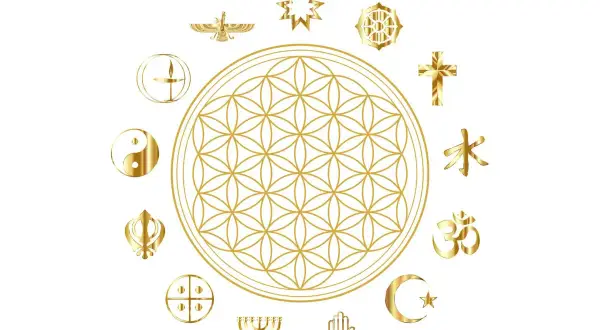 Goldene Blume des Lebens umgeben von religiösen Symbolen. Aus christlicher Sicht symbolisiert sie die göttliche Schöpfung und Einheit.