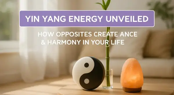 Yin Yang Symbol, Bambus und Salzlampe auf einem Tisch. Die yin yang energy steht für Harmonie.
