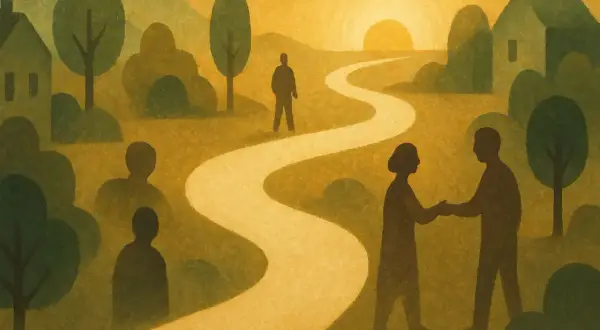 Silhouetten von Menschen auf einem gewundenen Weg im warmen Licht des Sonnenuntergangs. Ein Symbol für das **buddhismus leben** und die Reise des Geistes.