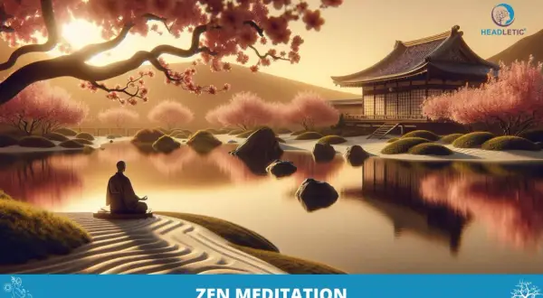 Eine Person praktiziert Zazen Meditation an einem ruhigen Teich mit Kirschblütenbäumen und einem traditionellen japanischen Gebäude.