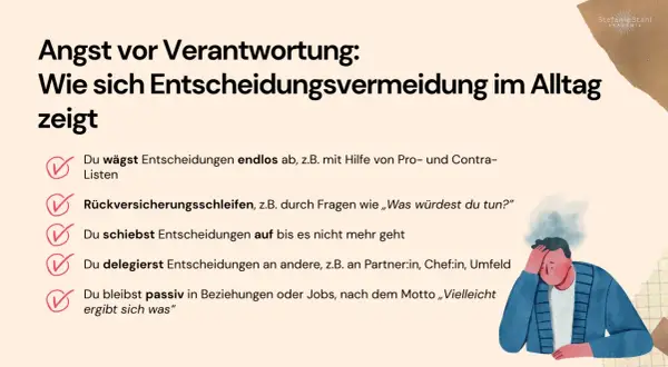 Angst vor Verantwortung: Entscheidungsvermeidung zeigt sich im endlosen Abwägen, Aufschieben oder Delegieren. Ein Mann mit rauchendem Kopf symbolisiert diese Last.