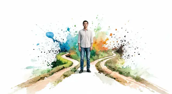 Ein Mann steht an einer Weggabelung, umgeben von farbenfrohen Aquarellspritzern. Er fragt sich: "Wer bin ich wirklich spirituell?