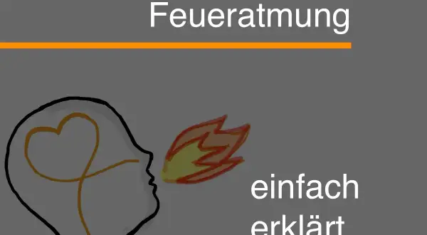 Profil einer Person, die Feuer speit. Ein Herz ist im Kopf angedeutet. "Feueratmung einfach erklärt" steht im Bild.