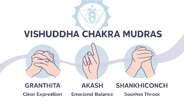 Vishuddha Chakra Mudras: Granthita (Cleot Expression), Akash (Emotional Balance), Shankhiconch (Soothes Throat). Hilft, die Chakren zu aktivieren.
