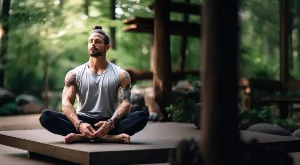 Mann in Lotusposition im Wald, tiefe Meditation und Konzentration.