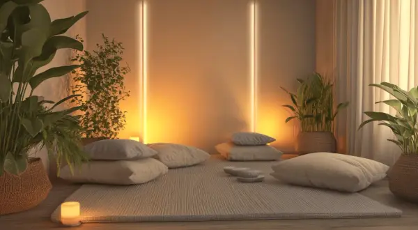 Gemütliche Meditationsraum Ideen: Kissen, Pflanzen und warmes Licht schaffen eine Oase der Ruhe.