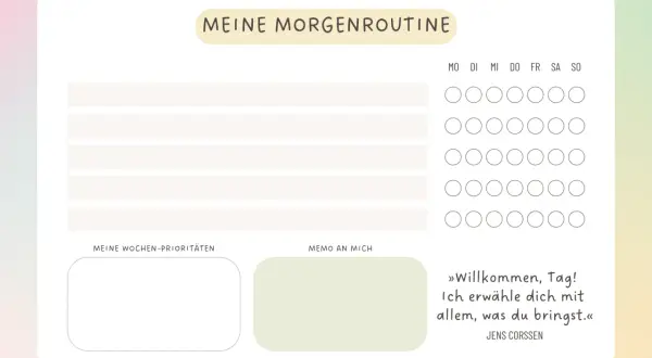 Planer für die morgendliche Routine mit Platz für tägliche Aufgaben, Wochenprioritäten und einem inspirierenden Zitat.