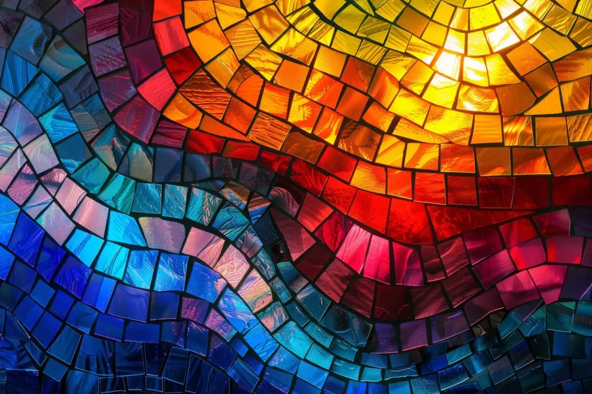 Ein Mosaik aus Glassteinen in Regenbogenfarben, das wie ein göttliches Lichtspiel wirkt.