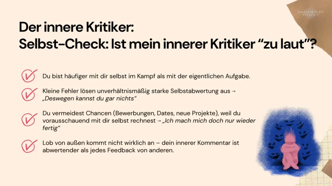 Der innere Kritiker: Selbst-Check. Ein rosa Wesen umklammert sich, umgeben von dunklen, grinsenden Gesichtern. Es geht darum, sich selber zu verzeihen.