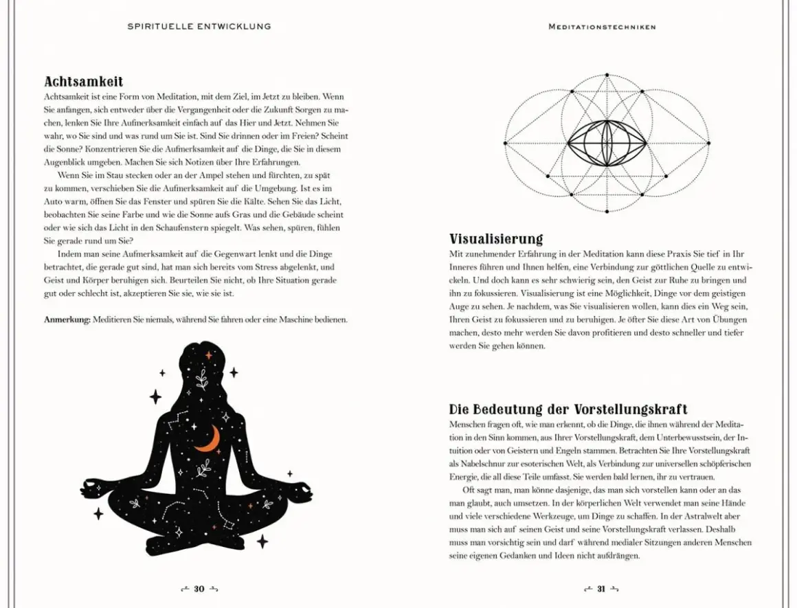 Eine stilisierte Figur in Meditation, umgeben von Sternen und Mond. Eine spirituelle Botschaft des Tages, die zur Achtsamkeit aufruft.