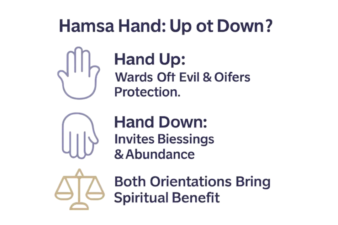 Hamsa-Hand-Symbolik: Nach oben schützend, nach unten Segen einladend. Beide Ausrichtungen bringen spirituellen Nutzen, als ob Dinge fallen aus der Hand spirituell.