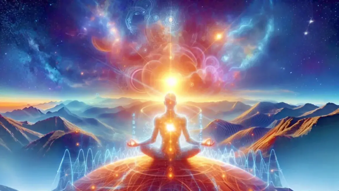 Eine Person meditiert im Lotussitz auf einem Berg, umgeben von kosmischen Lichtern und Wellen. Das "Ohm" erklingt in der Stille.