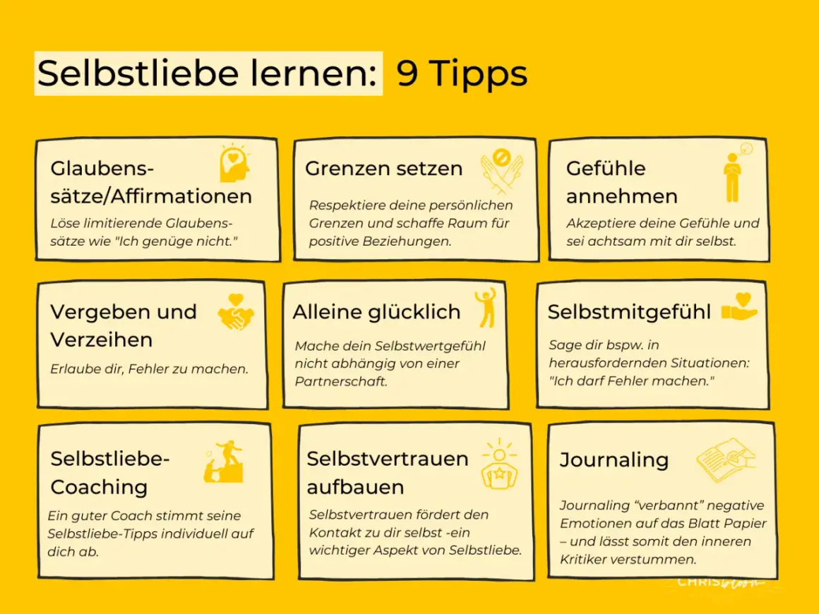 9 Tipps für Selbstliebe lernen: Affirmationen, Grenzen setzen, Gefühle annehmen, Vergeben, Alleine glücklich sein, Selbstmitgefühl, Coaching, Selbstvertrauen, Journaling.