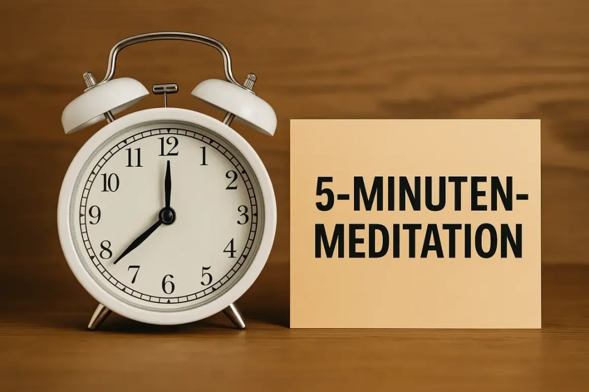 Ein Wecker zeigt 8 Uhr. Daneben liegt ein Zettel mit "5-MINUTEN-MEDITATION". So einfach kann es sein, wie meditiert man.
