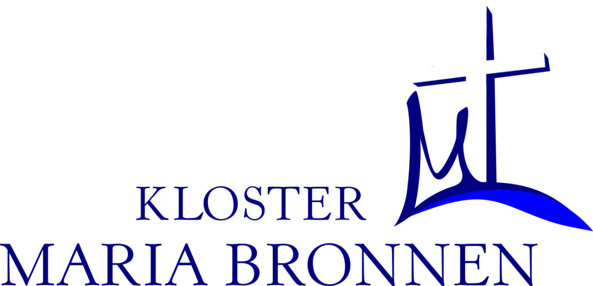 Logo des Klosters Maria Bronnen mit Kreuz und blauem Schriftzug.